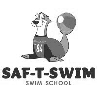 Cartoon seal character with a ball, wearing a jersey with number 84, representing Saf-T-Swim swim school logo.