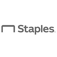 Staples logo featuring a stylized staple and the word 'Staples' in gray.